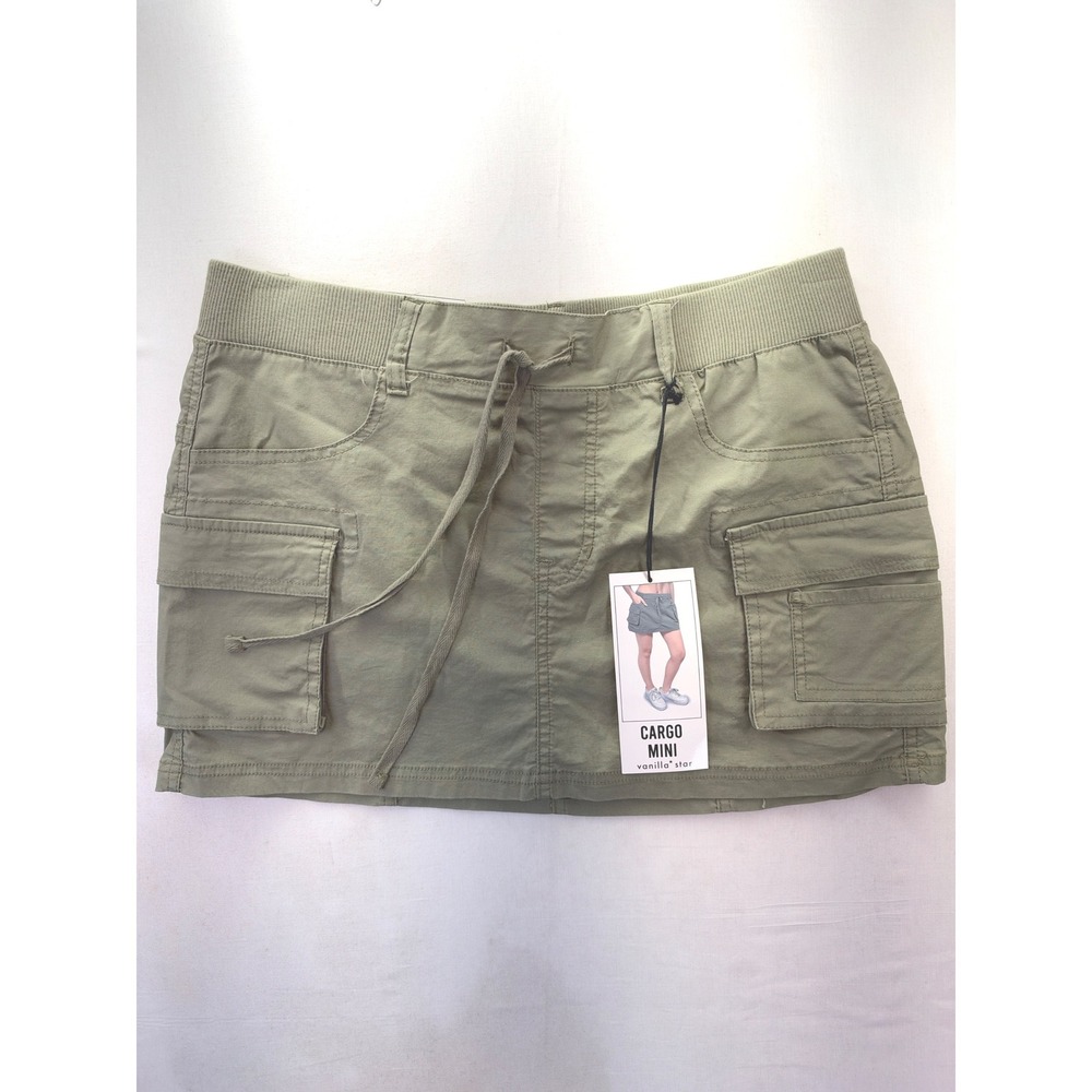 Vanilla Star Cargo Mini Skirt Olive Green Ribbed Waist Utility Y2K Size Medium